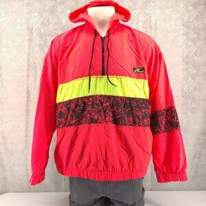 Vintage Hobie Pullover‎ Jacket Mens Large Neon Red Yellow Nylon Hooded 80s USA